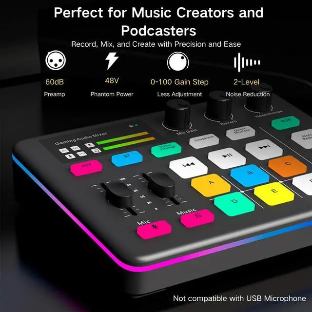 Alt view image 2 of 7 - _Mega Brand Gaming Audio Mixer, Audio Interface with Pro-preamp, Voice Changer & DJ Mixer Effects, 48V Phantom Power, Bluetooth & RGB Live Sound Card for Streaming, Podcasting, Gaming