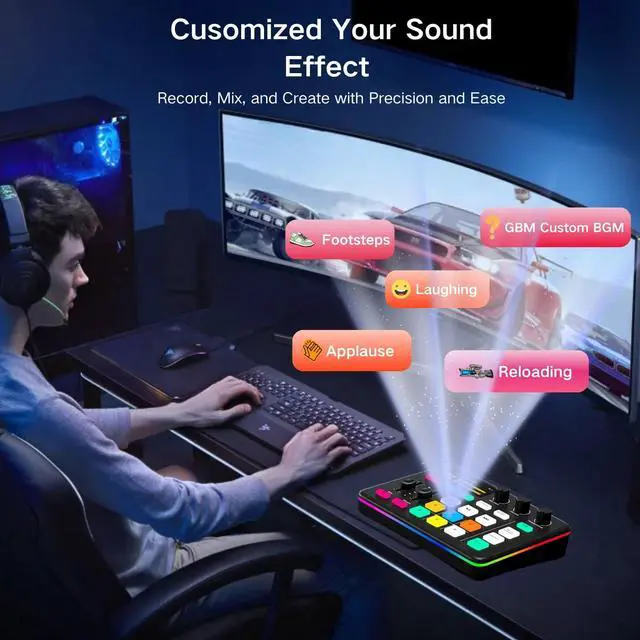 Alt view image 4 of 7 - _Mega Brand Gaming Audio Mixer, Audio Interface with Pro-preamp, Voice Changer & DJ Mixer Effects, 48V Phantom Power, Bluetooth & RGB Live Sound Card for Streaming, Podcasting, Gaming