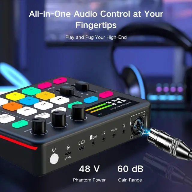 Alt view image 6 of 7 - _Mega Brand Gaming Audio Mixer, Audio Interface with Pro-preamp, Voice Changer & DJ Mixer Effects, 48V Phantom Power, Bluetooth & RGB Live Sound Card for Streaming, Podcasting, Gaming