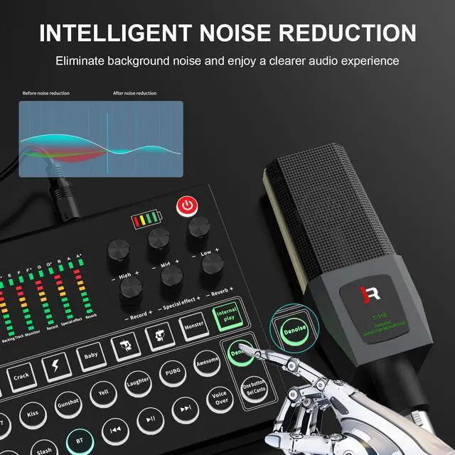 Alt view image 3 of 7 - _Mega Brand Podcast Equipment Bundle, All-in-One Audio Interface DJ Mixer with Microphone,Stand,Monitor Earphone, Audio Mixer With Sound card for PC/Laptop/Phone, Streaming/Podcasting/Gaming (M9 Set)