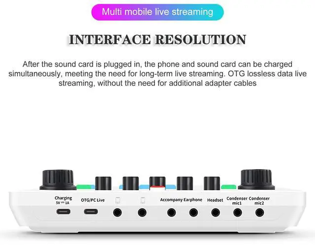 Alt view image 3 of 7 - _Mega Brand Portable Mixer,Professional Live Sound Card,Knob Design,Support for12 Kinds of Warming Sound and a Key Mute,with Double Call Simple Port Design,Support for Two People Live at The Same Time