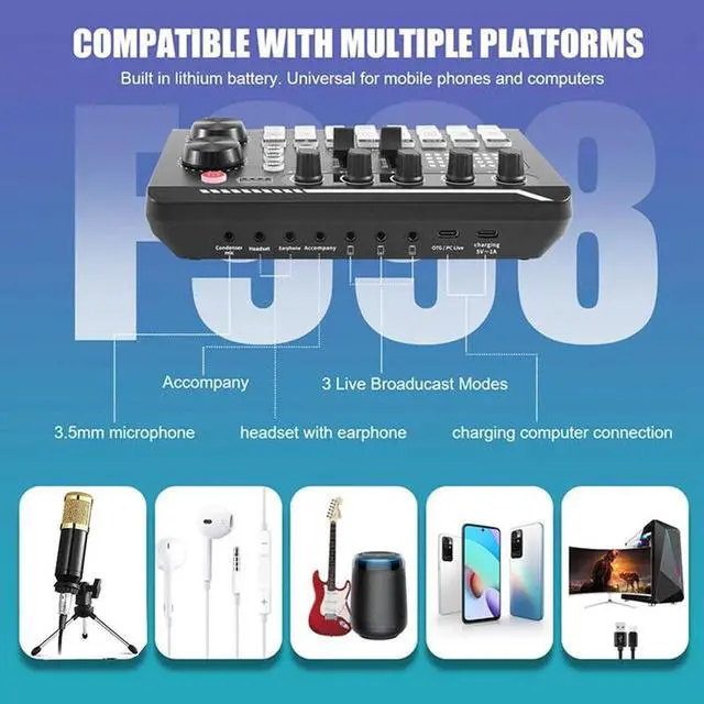 Alt view image 2 of 7 - _Mega Brand Live Sound Card with DJ Mixer Effects & Voice Changer, F998 Live Sound Card Audio Mixer, Professional Sound Mixer Board, Sound Card for Live Streaming, Soundboard for PC Xbox (style 1)