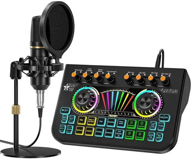 Main image of _Mega Brand Podcast Microphone Bundle with Live Sound Card Audio Mixer,Podcast Equipment Bundle with 3.5mm Condenser Microphone for Phone Live Streaming Singing Gaming, Sound Board with Voice Changer