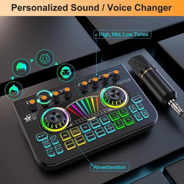Alt view image 2 of 7 - _Mega Brand Podcast Microphone Bundle with Live Sound Card Audio Mixer,Podcast Equipment Bundle with 3.5mm Condenser Microphone for Phone Live Streaming Singing Gaming, Sound Board with Voice Changer