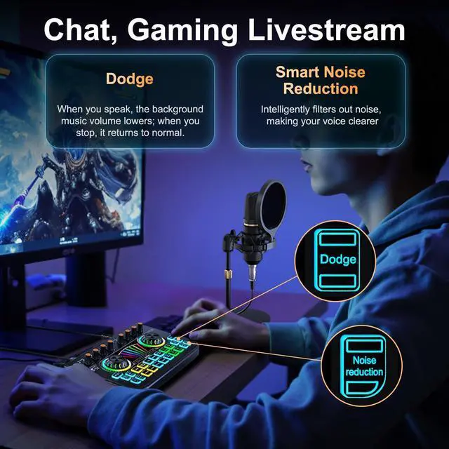 Alt view image 5 of 7 - _Mega Brand Podcast Microphone Bundle with Live Sound Card Audio Mixer,Podcast Equipment Bundle with 3.5mm Condenser Microphone for Phone Live Streaming Singing Gaming, Sound Board with Voice Changer