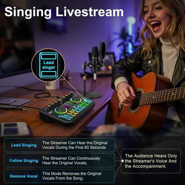 Alt view image 6 of 7 - _Mega Brand Podcast Microphone Bundle with Live Sound Card Audio Mixer,Podcast Equipment Bundle with 3.5mm Condenser Microphone for Phone Live Streaming Singing Gaming, Sound Board with Voice Changer