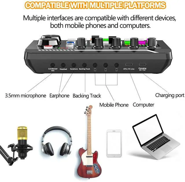 Alt view image 3 of 7 - _Mega Brand Live Sound Card with DJ Mixer Effects & Voice Changer,Professional-Grade Live Sound Card Audio Mixer Sound Board,16 Effects Ambient Sounds,Innovative Gaming Audio Mixer LED Voice Changer