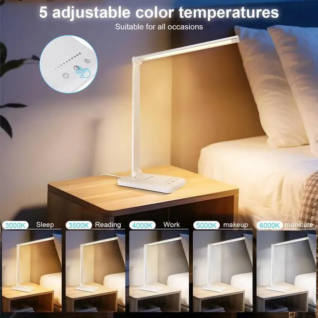 Alt view image 4 of 7 - White crown LED Desk Lamp Dimmable Table Lamp Reading Lamp with USB Charging Port, 5 Lighting Modes, Sensitive Control, 30/60 Minutes Timer (White, First-Generation)