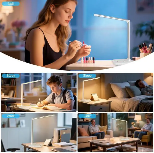 Alt view image 5 of 7 - White crown LED Desk Lamp Dimmable Table Lamp Reading Lamp with USB Charging Port, 5 Lighting Modes, Sensitive Control, 30/60 Minutes Timer (White, First-Generation)