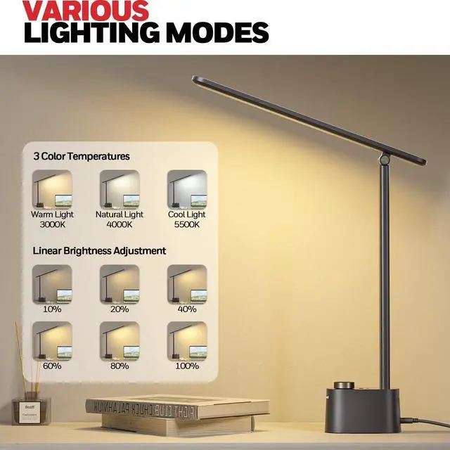 Alt view image 3 of 7 - _Mega Brand Sunturalux LED Desk Lamp with USB Charging Ports HWT-H01 - Stepless Dimmable Eye Caring Desk Light for Home Office Bedroom Bedside College Dorm, Foldable Table Lamp Reading Lamp Black