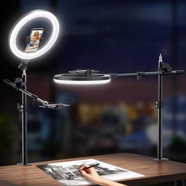 Main image of _Mega Brand Ring Light with Stand and Phone Holder,Overhead Phone Mount,Phone Stand for Recording,11Circle LED Ring Light for Desk with Clamp for Live Streaming,Video Recording,Meeting,TikTok,YouTube