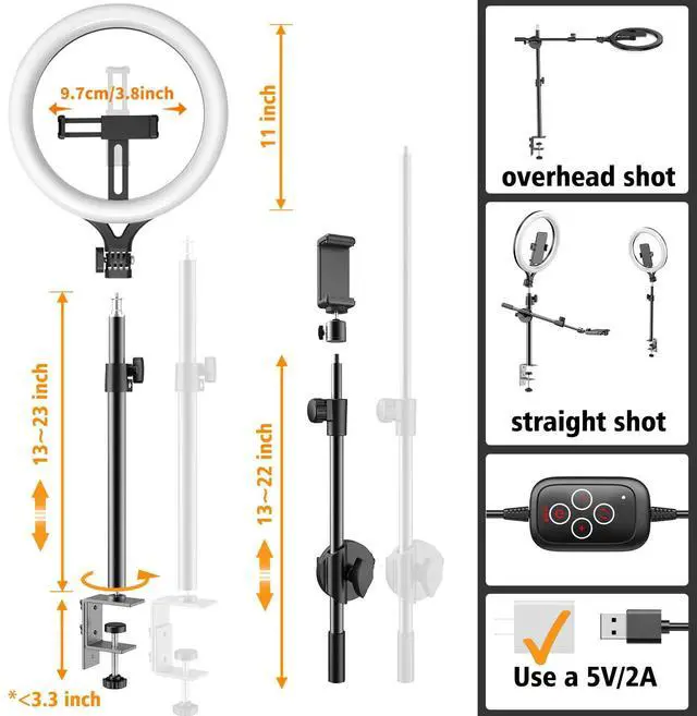 Alt view image 6 of 7 - _Mega Brand Ring Light with Stand and Phone Holder,Overhead Phone Mount,Phone Stand for Recording,11Circle LED Ring Light for Desk with Clamp for Live Streaming,Video Recording,Meeting,TikTok,YouTube