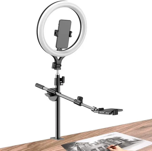 Alt view image 7 of 7 - _Mega Brand Ring Light with Stand and Phone Holder,Overhead Phone Mount,Phone Stand for Recording,11Circle LED Ring Light for Desk with Clamp for Live Streaming,Video Recording,Meeting,TikTok,YouTube