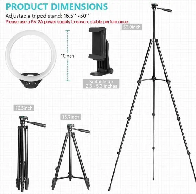 Alt view image 6 of 7 - _Mega Brand 10'' Ring Light with 50'' Extendable Tripod Stand, LED Circle Lights with Phone Holder for Live Stream/Makeup/YouTube Video/TikTok, Compatible with All Phones