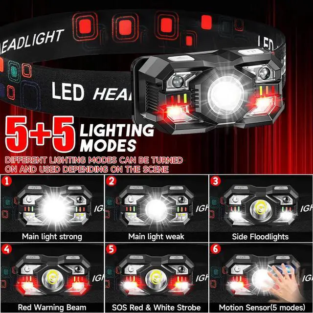 Alt view image 2 of 6 - _Mega Brand Headlamp Rechargeable 6Pack, 3000 Lumen Ultra-Light Bright Headlamp Flashlight with White Red Light, LED Headlight Motion Sensor, 5+5 Mode for Outdoor Camping Fishing Running Hiking (6)