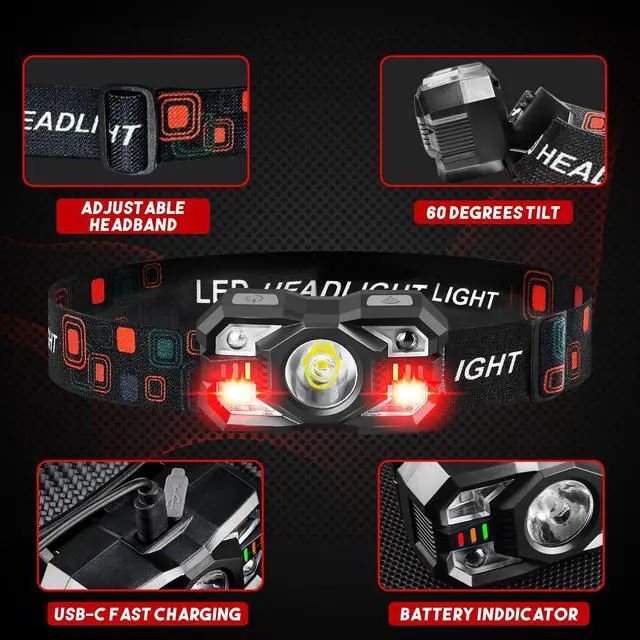 Alt view image 3 of 6 - _Mega Brand Headlamp Rechargeable 6Pack, 3000 Lumen Ultra-Light Bright Headlamp Flashlight with White Red Light, LED Headlight Motion Sensor, 5+5 Mode for Outdoor Camping Fishing Running Hiking (6)