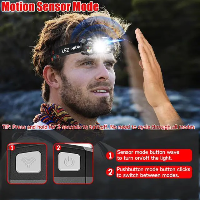 Alt view image 4 of 6 - _Mega Brand Headlamp Rechargeable 6Pack, 3000 Lumen Ultra-Light Bright Headlamp Flashlight with White Red Light, LED Headlight Motion Sensor, 5+5 Mode for Outdoor Camping Fishing Running Hiking (6)