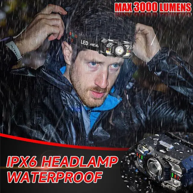 Alt view image 5 of 6 - _Mega Brand Headlamp Rechargeable 6Pack, 3000 Lumen Ultra-Light Bright Headlamp Flashlight with White Red Light, LED Headlight Motion Sensor, 5+5 Mode for Outdoor Camping Fishing Running Hiking (6)