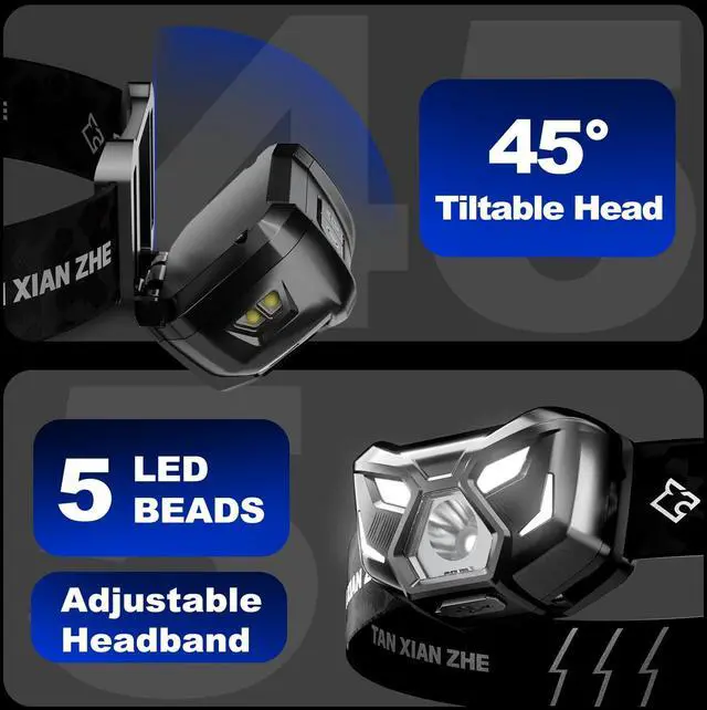 Alt view image 4 of 7 - _Mega Brand 2Pack Headlamp Flashlight High Lumen LED Rechargeable Headlights with White Red Light,Waterproof Motion Sensor Ultra Bright Head Lamp,4 Mode for Camping Essentials Fishing Hiking Repairing