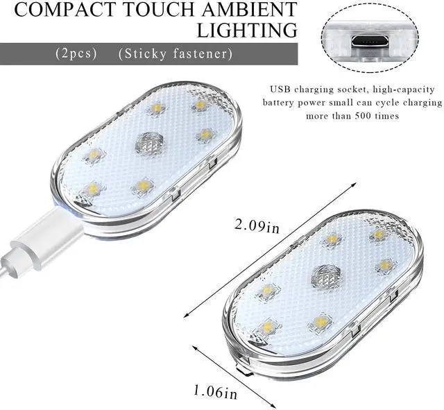 Alt view image 2 of 6 - _Mega Brand 2 PCS Car LED Lights Interior Wireless, Sticky Car Ambient Lighting with 6 Bright LED Lamp Beads, Portable USB Rechargeable Vehicle Interior Led Night Light for Car (White)