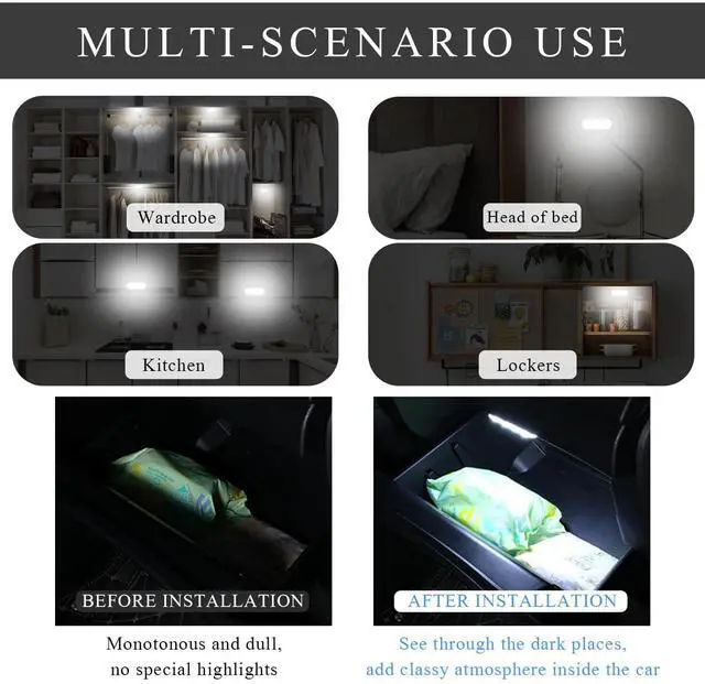 Alt view image 6 of 6 - _Mega Brand 2 PCS Car LED Lights Interior Wireless, Sticky Car Ambient Lighting with 6 Bright LED Lamp Beads, Portable USB Rechargeable Vehicle Interior Led Night Light for Car (White)