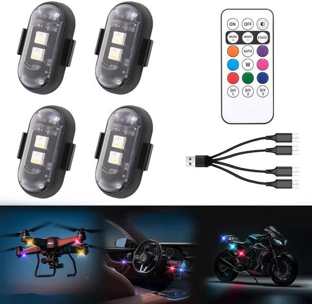 Main image of _Mega Brand 4PCS Wireless LED Strobe Lights with Remote Control, 8 Colors USB Charing Waterproof Wireless Led Lights For Car Interior, Truck, Stroller, Drone, Motorcycles, Bike Anti-Collision etc