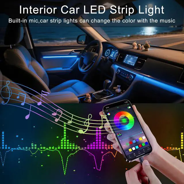 Alt view image 2 of 7 - _Mega Brand Interior Car LED Lights Wireless 5 in 1 RGB Ambient Lighting Kit with 236" Fiber Optic, 16 Million Colors, APP Music Sync, Waterproof car led Lights for Cars, Trucks, SUVs