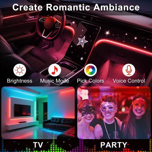 Alt view image 4 of 7 - _Mega Brand Interior Car LED Lights Wireless 5 in 1 RGB Ambient Lighting Kit with 236" Fiber Optic, 16 Million Colors, APP Music Sync, Waterproof car led Lights for Cars, Trucks, SUVs
