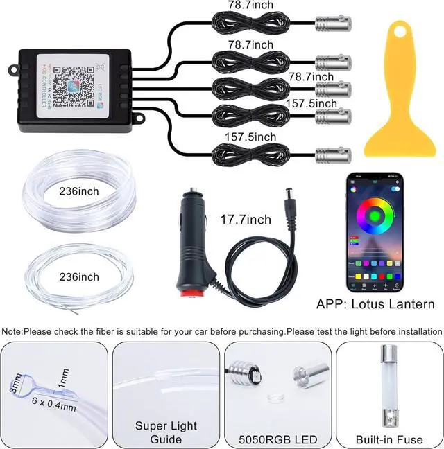 Alt view image 7 of 7 - _Mega Brand Interior Car LED Lights Wireless 5 in 1 RGB Ambient Lighting Kit with 236" Fiber Optic, 16 Million Colors, APP Music Sync, Waterproof car led Lights for Cars, Trucks, SUVs