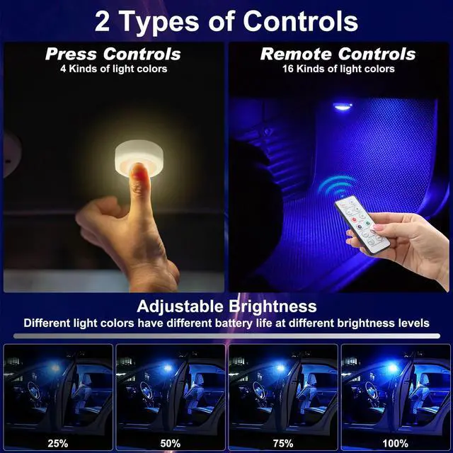 Alt view image 4 of 6 - _Mega Brand 4 Pcs Wireless Interior Car Led Lights with Remote Control, 16 Colors USB Rechargeable, Magnetic Touch Ambient Led Lights for Decor