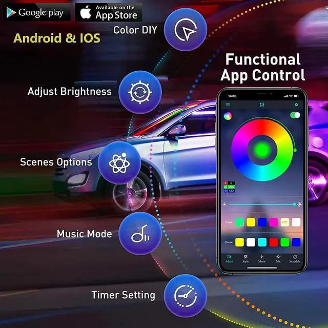 Alt view image 2 of 7 - _Mega Brand Underglow Kit for Car, Led Underglow Lights with App and Remote Control, 16 Million RGB Colors, 29 Preset Modes, Music & DIY Mode, Under Car Led Lights Exterior for SUVs, Trucks, DC 12V