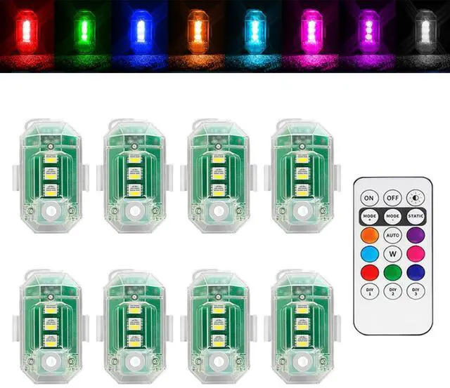 Main image of _Mega Brand 8Pcs Wireless LED Strobe Lights with Remote Control,RGB Aircraft Strobe Lights High Brightness 8 Colors Waterproof Anti-Collision Night Warning Lighting for Car Motorcycle RC Aircraft Bike