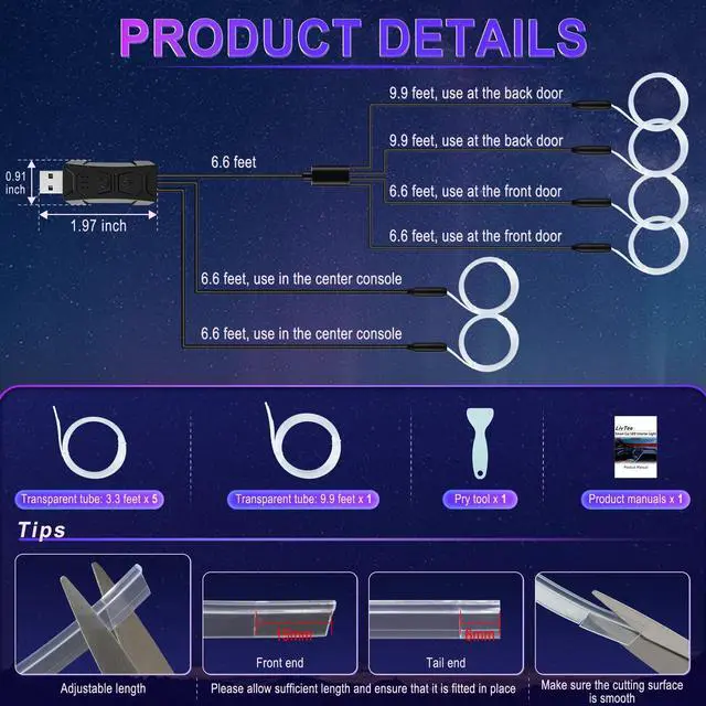 Alt view image 4 of 6 - _Mega Brand Smart LED Car Lights Interior with USB Port,LED Strip Fiber Optic Ambient Lighting Car, Wireless App Control,Sync to Music,Car Decorations Interior Accessories Gifts for Women Men,6 in 1