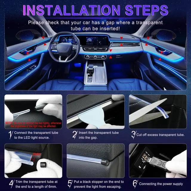 Alt view image 5 of 6 - _Mega Brand Smart LED Car Lights Interior with USB Port,LED Strip Fiber Optic Ambient Lighting Car, Wireless App Control,Sync to Music,Car Decorations Interior Accessories Gifts for Women Men,6 in 1