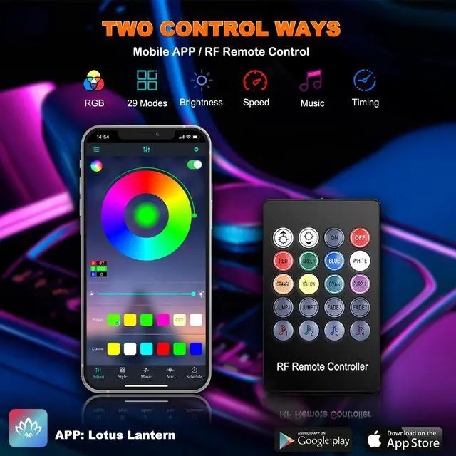 Alt view image 3 of 7 - _Mega Brand Interior Car LED Strip Lights with Wireless APP and Remote Control, RGB 5 in 1 Ambient Lighting Kits with 236 inches Fiber Optic, 16 Million Colors Car Neon Lights, Sync to Music
