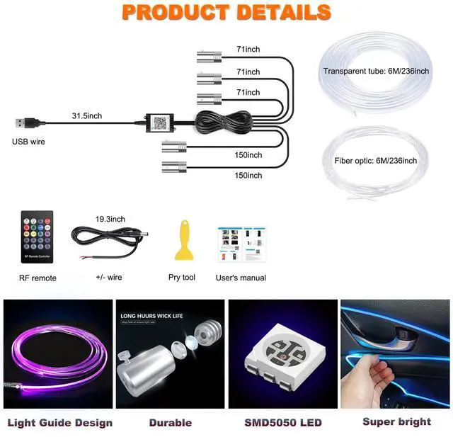 Alt view image 5 of 7 - _Mega Brand Interior Car LED Strip Lights with Wireless APP and Remote Control, RGB 5 in 1 Ambient Lighting Kits with 236 inches Fiber Optic, 16 Million Colors Car Neon Lights, Sync to Music