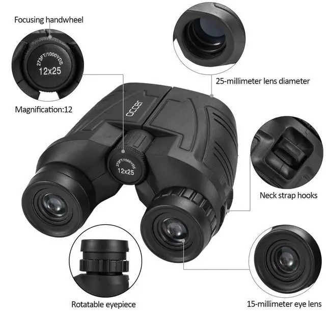 Alt view image 4 of 7 - Occer 12x25 Compact Binoculars for Adults and Kids, Large Eyepiece Waterproof Binocular with Low Light Vision,High Powered Easy Focus Binoculars for Bird Watching,Outdoor Hunting,Travel,Sightseeing