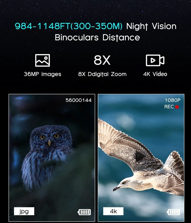 Alt view image 4 of 7 - 4K Night Vision Binoculars with Video Recording for Men, for Dad & Husband, 3.2" HD Display, 8X Zoom, 32GB Card,Gifts for Valentines Day, Birthday, Outdoor Camping and Wildlife Observation
