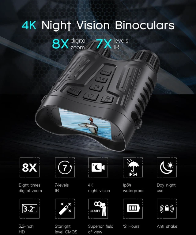 Alt view image 2 of 7 - 4K Night Vision Binoculars with Video Recording for Men, for Dad & Husband, 3.2" HD Display, 8X Zoom, 32GB Card,Gifts for Valentines Day, Birthday, Outdoor Camping and Wildlife Observation