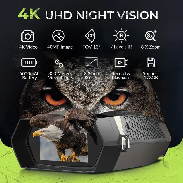 Alt view image 2 of 7 - _Mega Brand Night Vision Goggles, 3.2 HD Screen, 2625FT View Range, 5000mAh Battery, 7 IR Levels, 8X Zoom, 128GB - 4K Night Vision Binoculars Gift Set with Compass for Hunting, Wildlife, Security