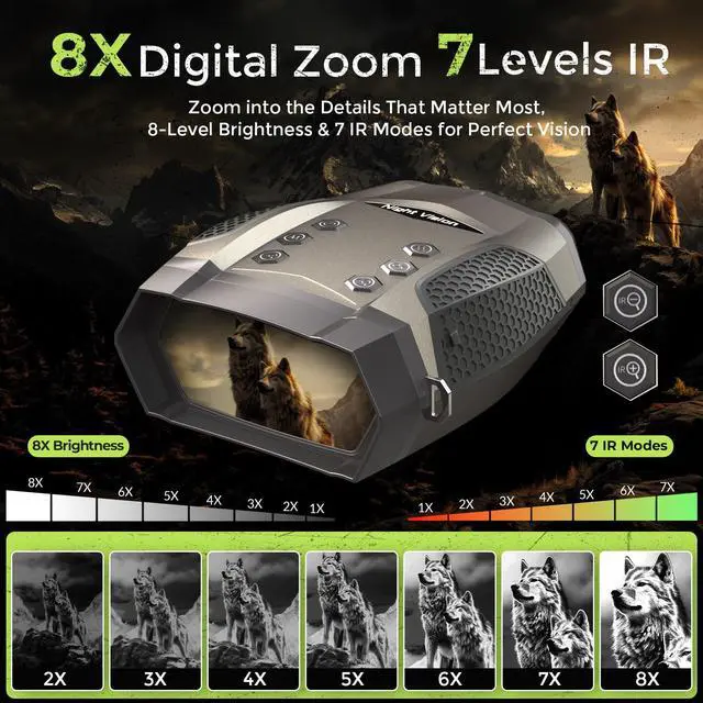 Alt view image 5 of 7 - _Mega Brand Night Vision Goggles, 3.2 HD Screen, 2625FT View Range, 5000mAh Battery, 7 IR Levels, 8X Zoom, 128GB - 4K Night Vision Binoculars Gift Set with Compass for Hunting, Wildlife, Security