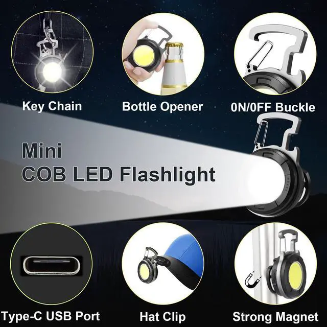 Alt view image 3 of 7 - _Mega Brand Keychain Flashlight 2 Pack, 1000 Lumens EDC Flashlight COB Work Light, Bottle Opener Keychain Mini Pocket Flashlight with Magnet Bracket Folding for Biking Fishing Running