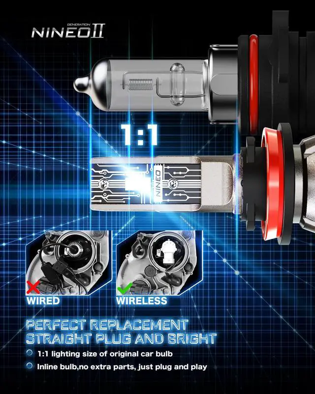 Alt view image 2 of 7 - _Mega Brand H11 Bulbs, H11 Fog Light, 300% Brightness 6500K Cool White, 1:1 Mini Size, Plug-N-Play, IP68 Waterproof Fanless Wireless in-Line H8 H9 Bulbs (Pack of 2)