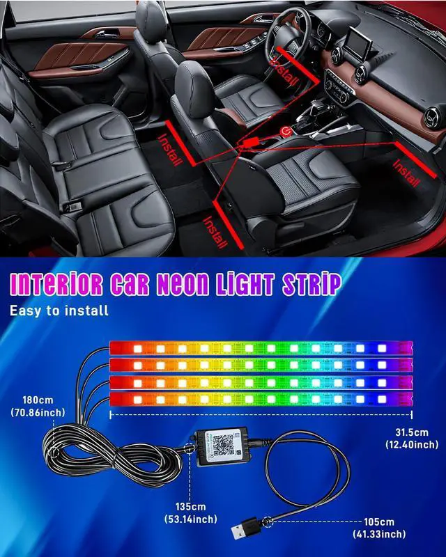 Alt view image 4 of 7 - _Mega Brand LED Interior Light for Car, RGB USB Under Dash Lighting, Footwell Neon Internal Lights Kit, Smart APP and Remote Dual Control, Multicolor Music and Mic Mode,48LEDs