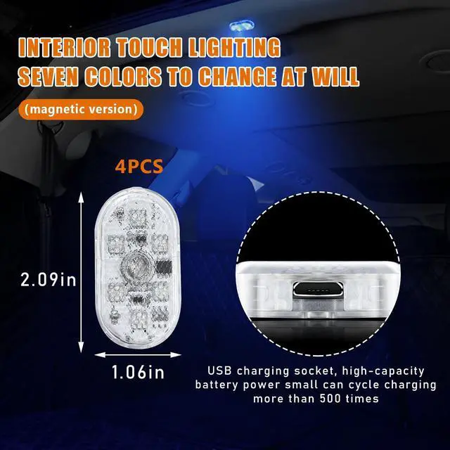 Alt view image 2 of 6 - _Mega Brand 4 PCS Car LED Lights Interior Wireless, 7 Colors Sticky Auto Interior Light with 6 Bright LED Lamp Beads, Portable USB Rechargeable Vehicle Interior Led Night Light, Car Accessories