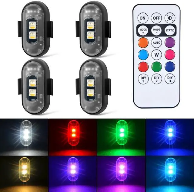 Main image of _Mega Brand 4PCS Wireless LED Strobe Lights with Remote Control, 8 Colors Rechargeable Led Lights Anti-Collision LED Emergency Warning Lights for Car Motorcycle Bike Drone Aircraft