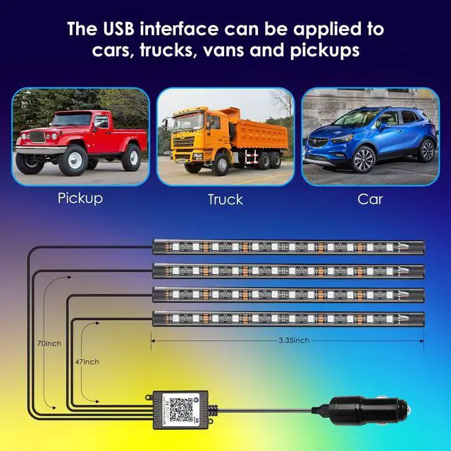 Alt view image 3 of 7 - _Mega Brand Interior LED Strip Light - 48 LED DIY 16 Million Colors, Microphone App Control, Smart Phone Music Sync RGB Under Dash Waterproof Lighting Kit with Car Charger, USB DC 12V