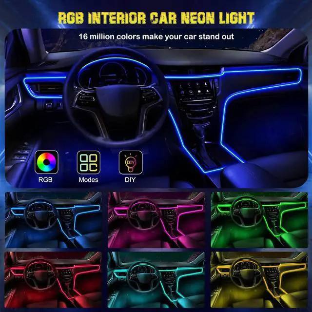 Alt view image 4 of 7 - _Mega Brand Interior Car LED Strip Lights, RGB USB Ambient Lighting with Fiber Optic, EL Wire Car Accessories (2 in 1)