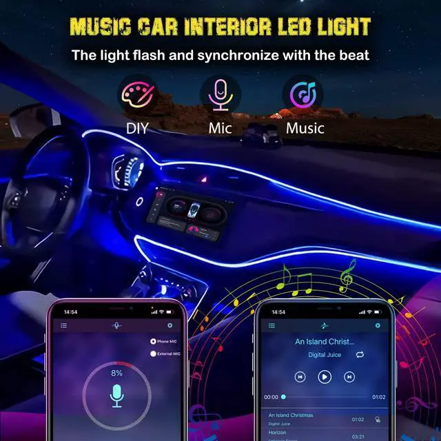 Alt view image 6 of 7 - _Mega Brand Interior Car LED Strip Lights, RGB USB Ambient Lighting with Fiber Optic, EL Wire Car Accessories (2 in 1)