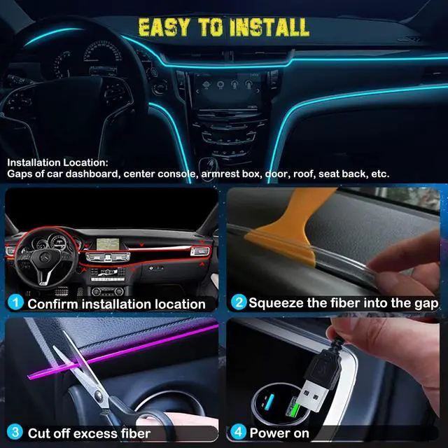 Alt view image 5 of 7 - _Mega Brand Interior Car LED Strip Lights, RGB USB Ambient Lighting with Fiber Optic, EL Wire Car Accessories (2 in 1)